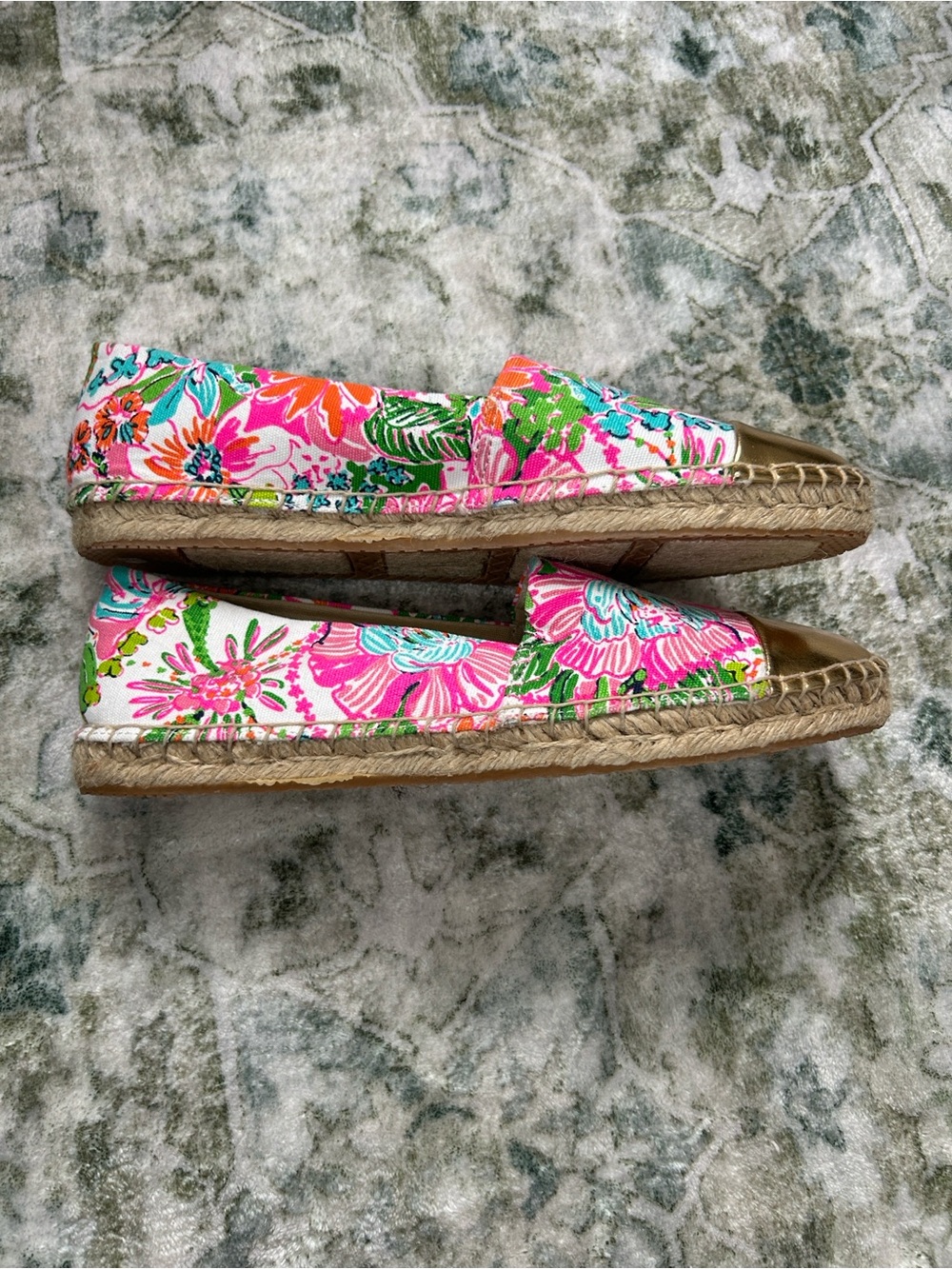 Lilly Pulitzer Pink Floral Espadrille Flats with Green & Orange Accents - Picture 5 of 7